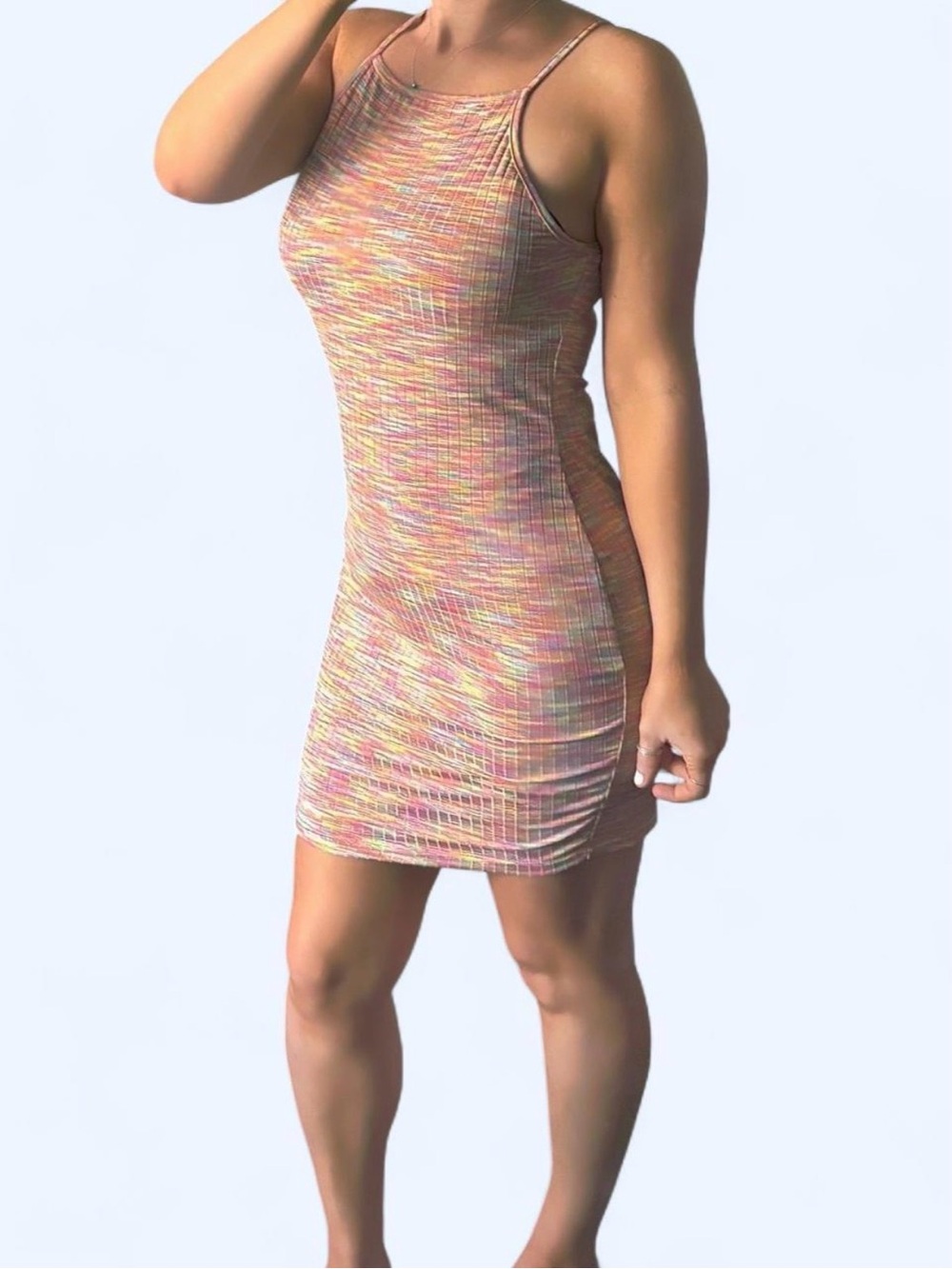 SHEIN Multicolor Knit Spaghetti-Strap Mini Dress - Pink/Yellow Blend